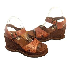 Y2K Riverstone Navajo Platform Tooled Leather Cork Sandals Chunky Boho Vintage